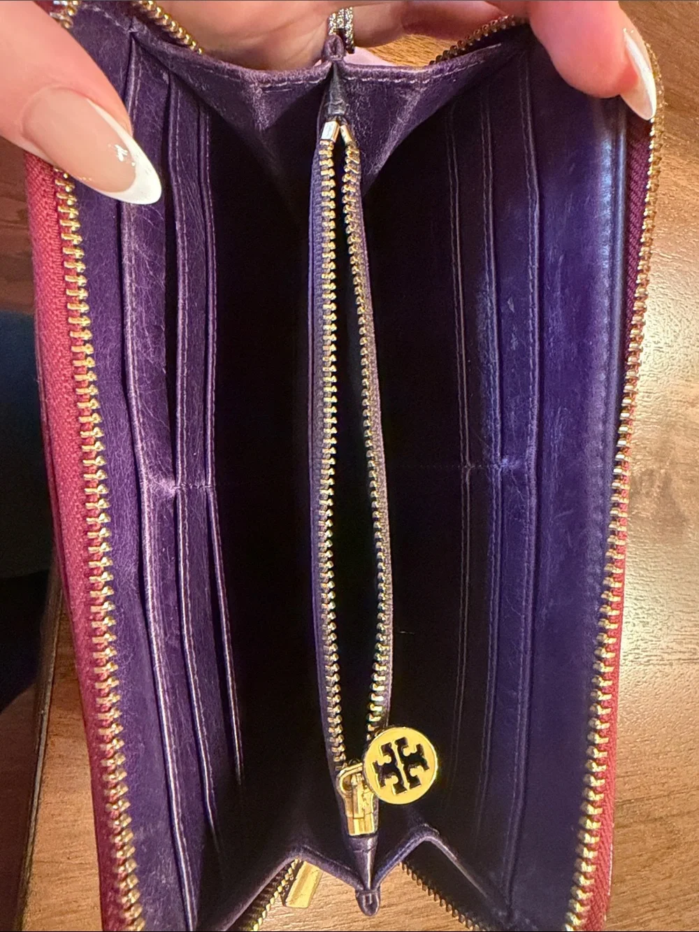 Tory Burch Glossy Magenta Zip-Around Wallet with Gold Logo